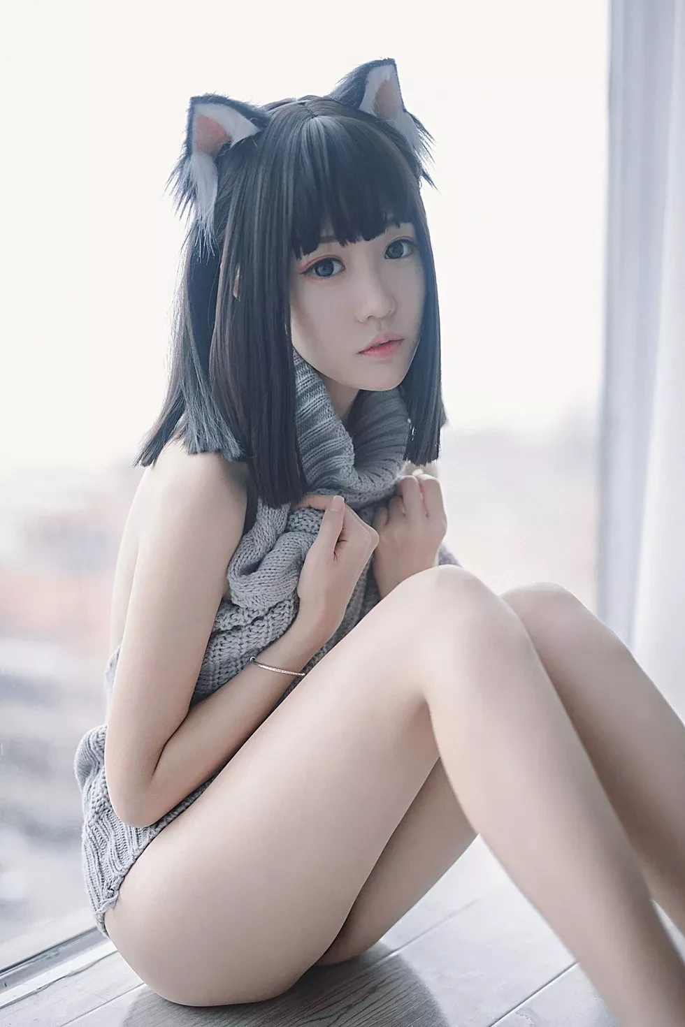 [Cosplay精选]斗鱼主播采妮么么私房床上猫耳女郎装露背毛衣迷人诱惑写真22P