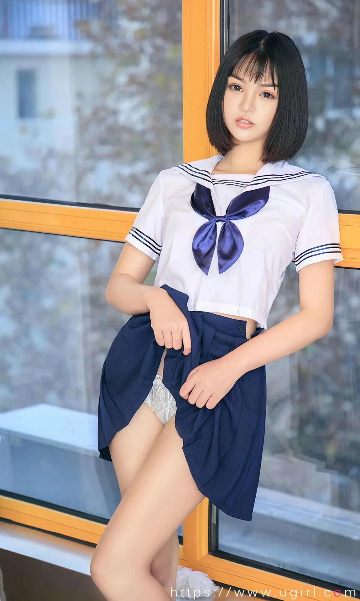 [Ugirls爱尤物]No.2734_模特橘子性感短裙学妹制服 白色轻透内衣秀曼妙身姿诱惑写真35P